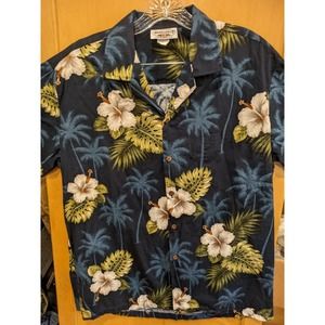 Pacific Legend Men's Large Black‎ Hawaiian Aloha Shirt Made In USA Lotus Orchid
